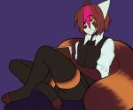  ailurid anthro book clothed clothing hair legwear male mammal multicolored_hair ni70 red_panda simple_background sitting smile solo thigh_highs two_tone_hair 