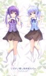  2girls :d amedamacon bangs bed_sheet blue_bow blue_eyes blue_hair blue_vest blush bow brown_skirt chestnut_mouth collared_shirt commentary_request dakimakura eyebrows_visible_through_hair gochuumon_wa_usagi_desu_ka? hair_between_eyes hair_ornament hands_up kafuu_chino long_hair lying multiple_girls no_shoes on_back open_mouth parted_lips puffy_short_sleeves puffy_sleeves purple_bow purple_eyes purple_hair purple_vest rabbit_house_uniform shirt short_sleeves skirt smile socks tedeza_rize translation_request twintails uniform vest waitress white_legwear white_shirt x_hair_ornament 