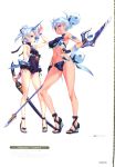  2girls absurdres armlet armpits artist_request bare_shoulders bikini blue_bikini blue_eyes blue_hair blue_swimsuit bow breasts earrings eyepatch fingerless_gloves full_body gloves hair_bow hair_ornament highres holding holding_weapon horn jewelry looking_at_viewer medium_breasts medium_hair mikumari_(xenoblade) multiple_girls nail_polish nintendo official_art one-piece_swimsuit parted_lips polearm sandals seori_(xenoblade) simple_background sleeveless small_breasts smile spear standing swimsuit sword toenail_polish toenails toes weapon white_background xenoblade_(series) xenoblade_2 