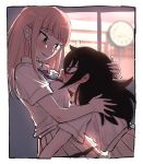  2girls ^_^ bangs black_hair blonde_hair blue_eyes blunt_bangs blush breasts closed_eyes couple eyebrows_visible_through_hair eyelashes eyes_closed green_eyes haburashi hair_between_eyes hair_over_one_eye hug katou_asuka kuroki_tomoki kuroki_tomoko large_breasts long_hair looking_at_another multiple_girls neckerchief open_mouth pleated_skirt school_uniform shirt skirt smile standing tied_shirt watashi_ga_motenai_no_wa_dou_kangaetemo_omaera_ga_warui! white_shirt yuri 