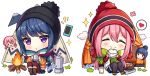  &gt;_&lt; 2girls :&lt; :d artist_name bangs baozi beanie black_headwear black_legwear black_skirt blue_hair blue_shorts blush boots brown_footwear brown_legwear burning campfire cellphone chibi closed_mouth coffee_pot commentary cup english_commentary eyebrows_visible_through_hair eyes_closed fire food fringe_trim hair_between_eyes hair_bun hat heart hitsukuya holding holding_cup holding_food jacket kagamihara_nadeshiko knee_boots legwear_under_shorts long_hair low_twintails mug multiple_girls open_clothes open_mouth open_vest orange_footwear orange_jacket pantyhose phone pink_hair plaid_jacket pleated_skirt purple_eyes red_headwear red_jacket scarf shima_rin short_shorts shorts simple_background sitting skirt smile spoken_heart tent twintails very_long_hair vest white_background white_vest xd yurucamp 