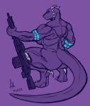  2018 ammunition anthro back_muscles bald big_breasts big_butt breasts butt claws crouching dewclaw digital_media_(artwork) facial_piercing female furgonomics furry-specific_piercing greasymojo gun hi_res holding_object holding_weapon horn huge_muscles lips looking_at_viewer looking_back machine_gun muscular muscular_female muzzle_piercing nose_piercing nude piercing pinup pose purple_background quads ranged_weapon reptile restricted_palette scalie serious simple_background sketch solo tattoo thick_bottom_lip thick_thighs toe_claws trenco viktoria_(beyxer) weapon 