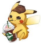  2019 ambiguous_gender beverage black_nose clothing detective_pikachu hat headgear headwear hi_res kokayutongidoya nintendo pikachu pok&eacute;mon pok&eacute;mon_(species) pok&eacute;mon_detective_pikachu red_cheeks simple_background solo video_games 