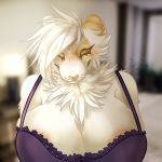  1:1 areola bedroom beverage big_breasts blush bra breasts candycutiensfw chest_tuft clothing eyes_closed felid feline female hair hands_behind_back huge_breasts lingerie mammal pantherine soft_shaded tea tiger toony tuft underwear 