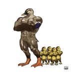  2019 abs age_difference anatid anseriform anthro avian beak biceps bird black_eyes brown_feathers crossed_arms duck feathers group male muscular muscular_male older_male pecs quads simple_background taku webbed_feet white_background yellow_feathers younger_male 
