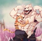  2019 617foreverwithy abs age_difference anthro armpit_hair beard biceps canid canine canis clothing digital_media_(artwork) duo facial_hair father father_and_son felid fur hair hi_res male mammal muscular muscular_male nipples pantherine parent pecs scar son wolf young 