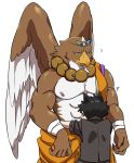  abs absurd_res anthro avian bandaid_protagonist_(tas) biceps blue_eyes blush brown_feathers duo feathered_wings feathers gandharva hi_res hug human male mammal multicolored_feathers muscular muscular_male nipples pecs protagonist_(tas) toimo_2610 tokyo_afterschool_summoners two_tone_feathers video_games white_feathers wings 