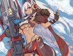  1girl abs azur_lane bangs bodypaint breasts cape commentary_request contrapposto crop_top crop_top_overhang dark_skin eyebrows_visible_through_hair facepaint fingerless_gloves fur-trimmed_cape fur_trim gloves hair_between_eyes highleg highleg_panties highres hood leg_strap loincloth long_hair long_ponytail looking_at_viewer marshall2033 minneapolis_(azur_lane) native_american panties ponytail revealing_clothes smirk solo standing strap thong toned underboob underwear white_hair 