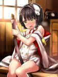  1girl azur_lane bare_shoulders black_hair blush dress drums_(artist) eyebrows_visible_through_hair flat_chest heavy_breathing hiei-chan_(azur_lane) hiei_(azur_lane) highres holding holding_sword holding_weapon horns implied_masturbation indoors katana long_sleeves looking_down nose_blush open_mouth phone pleated_dress saliva saliva_trail sheath short_dress short_hair sleeveless sleeveless_dress solo sweat sword tears tongue tongue_out weapon white_dress wide_sleeves window yellow_eyes 