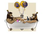  2019 alcohol anthro balloon bathtub beard beverage bgn birthday body_hair bottle brown_hair bubble_bath cake champagne chest_hair clothed clothing duo eating eyewear facial_hair felid food glasses hair hat headgear headwear lion male mammal muscular muscular_male pantherine party_hat party_horn simple_background topless 