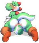  anthro anus butt clothing egg footwear gloves hand_on_butt hi_res looking_back male mario_bros nintendo open_mouth oviposition puffy_anus shoes simple_background solo video_games white_background wizzikt yoshi 