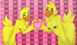  &lt;3 2018 animatronic anthro anthrofied avian beak bird blue_eyes breasts chica_(fnaf) chicken digital_media_(artwork) duo eyebrows feathers female five_nights_at_freddy&#039;s five_nights_at_freddy&#039;s_2 galliform gallus_(genus) machine nipples non-mammal_breasts nude overweight phasianid purple_eyes robot slightly_chubby smile thevgbear toy_chica_(fnaf) video_games winged_arms wings yellow_feathers 