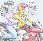  2019 absurd_res aged_up anthro anthrofied breast_grab breasts bulge cleavage clothed clothing dialogue english_text equid equine female flicker-show friendship_is_magic gloves hair hand_on_breast hi_res male mammal motorcycle my_little_pony nipple_outline pterippus purple_hair riding rumble_(mlp) scootaloo_(mlp) short_hair sweat text vehicle wing_boner wings 
