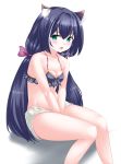  1girl animal_ear_fluff animal_ears bangs bare_arms bare_shoulders between_legs bikini_top black_bikini_top black_hair blush bow breasts cat_ears cleavage commentary_request eyebrows_visible_through_hair fang feet_out_of_frame green_eyes hair_between_eyes hair_bow hand_between_legs highres kaze_makase knees_together_feet_apart kyaru_(princess_connect) long_hair looking_at_viewer medium_breasts open_mouth princess_connect! princess_connect!_re:dive purple_bow shadow short_shorts shorts sitting solo very_long_hair white_background white_shorts 