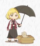  1girl :| animal bang_dream! bd_ayknn black_shirt black_skirt blonde_hair box cardboard_box closed_mouth crop_top dog for_adoption holding holding_umbrella jacket long_skirt long_sleeves looking_at_animal masking_(bang_dream!) print_jacket puppy rain red_jacket shirt short_hair skirt solo standing track_jacket umbrella v-shaped_eyebrows yellow_eyes 