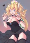  1girl absurdres alternate_hairstyle armlet b7669726 bare_shoulders black_collar black_dress black_leotard black_nails blonde_hair blue_eyes bowsette bracelet breasts cleavage collar collarbone commentary_request crown dress earrings female fingernails grey_background hands_up heart highres horns jewelry large_breasts leotard long_hair looking_at_viewer mario_(series) monster_girl nail_polish new_super_mario_bros._u_deluxe nintendo pointy_ears sharp_fingernails sharp_teeth simple_background solo spiked_armlet spiked_bracelet spiked_collar spiked_shell spiked_tail spikes strapless strapless_dress strapless_leotard super_crown tail teeth turtle_shell twintails 