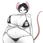  1:1 2019 anthro big_breasts bikini black_hair blue_eyes breasts cleavage clothed clothing digital_media_(artwork) female fur hair hair_highlights hayakain hi_res huge_breasts humanoid looking_at_viewer mammal mouse murid murine navel nora_watts_(lildredre) rodent simple_background smile solo swimwear thick_thighs voluptuous white_background white_fur wide_hips 
