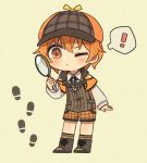  ! 1girl bang_dream! bd_ayknn beige_background black_footwear black_neckwear black_vest blush boots brown_legwear brown_shorts collared_shirt deerstalker detective footprints full_body hat holding_magnifying_glass kitazawa_hagumi long_sleeves magnifying_glass neck_ribbon one_eye_closed orange_capelet orange_eyes orange_hair plaid plaid_shorts ribbon shirt short_hair shorts socks solo spoken_exclamation_mark vertical-striped_vest vest white_shirt 