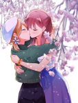  2girls alternate_hairstyle blush cherry_blossoms eyes_closed flower hair_flower hair_ornament hat hug kiss light multiple_girls sakura_trick sonoda_yuu sweater tachi_(gutsutoma) takayama_haruka yuri 