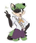  anthro beezii blue_eyes blush blush_stickers bottomwear clothing cute_fangs female fur gesture green_fur hand_on_hip hi_res lovers_of_aether mammal maypul one_eye_closed procyonid raccoon rivals_of_aether sash school_uniform skirt smile solo uniform v_sign video_games wink 