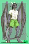  absurd_res bottomwear claws clothing dragon dreyk-daro eyewear glasses hair hi_res horn invalid_color invalid_tag male muscular nestor paws ponytail shirt shorts solo standing t-shirt topwear wings 