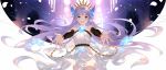  1girl arm_warmers bangs bare_shoulders blue_eyes blush dress eyebrows_visible_through_hair flower granblue_fantasy hair_ornament highres lily_(granblue_fantasy) long_hair looking_at_viewer open_mouth outstretched_arms pointy_ears purple_hair rose smile solo spread_arms standing tiara white_dress yijian_ma 