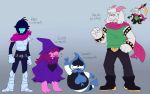  alternate_costume alternate_universe ambiguous_gender armor barefoot boots bovid caprine cheshire-cat&#039;s-waltz clothed clothing clothing_swap darkner deltarune eyewear female footwear fully_clothed glasses horn human kris_(deltarune) lancer_(deltarune) male mammal melee_weapon monster polearm ralsei rudinn scalie scarf scythe susie_(deltarune) video_games weapon 