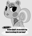  absurd_res animal_crossing balls bangs bottomless butt clothed clothing digital_media_(artwork) enookie hi_res male mammal marshall_(animal_crossing) monochrome nintendo rodent round_ears sciurid simple_background solo text toony topwear video_games white_background 