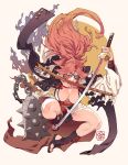  1girl amputee baiken big_hair black_jacket black_kimono breasts cleavage dated eyepatch facial_tattoo guilty_gear guilty_gear_xrd highres holding holding_sword holding_weapon jacket jacket_on_shoulders japanese_clothes jumping kataginu katana kimono large_breasts mace mouth_hold multicolored multicolored_clothes multicolored_kimono one-eyed pink_hair poch4n ponytail samurai sandals sash scabbard scar scar_across_eye sheath signature simple_background solo sword tattoo torn_clothes traditional_media weapon white_background white_kimono 