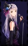  1girl :| bang_dream! bangs black_bow black_dress black_feathers black_flower blue_flower bow closed_mouth collared_dress detached_sleeves dress earrings feathers flower from_side grey_hair hair_feathers hair_flower hair_ornament holding holding_microphone jewelry long_hair looking_at_viewer lunacle microphone microphone_stand minato_yukina navy_blue_background purple_feathers purple_neckwear solo upper_body yellow_eyes 