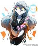 2019 anthro breasts cable canid canine canis claws cleavage clothed clothing cyberpunk english_text female first_person_view fur glowing glowing_eyes grey_hair hair hi_res holding_object keidran looking_at_viewer mammal midriff navel pawpads raine_silverlock simple_background solo text tom_fischbach twokinds webcomic white_background white_fur wire wolf yellow_eyes 