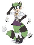  anthro beezii blue_eyes blush blush_stickers bottomwear clothing cute_fangs female fur gesture green_fur hi_res lovers_of_aether mammal maypul poster procyonid raccoon rivals_of_aether salute sash school_uniform skirt smile solo uniform video_games 