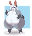  anthro belly big_belly big_butt butt fur gesture grey_fur hair hand_on_stomach hi_res huge_butt lagomorph leporid male mammal navel nude obese obese_male one_eye_closed overweight overweight_male rabbit simple_background smile soft-thighs solo standing thick_thighs waving wide_hips wink 