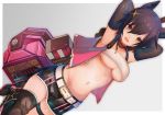  1girl :d animal_ears armpits arms_behind_head arms_up bangs belt belt_buckle black_footwear black_hair black_legwear black_shorts black_sleeves blush boots breasts brown_eyes buckle cleavage commentary_request crop_top detached_sleeves eyebrows_visible_through_hair god_eater god_eater_2:_rage_burst grey_background hair_between_eyes hair_ornament highres kouzuki_nana large_breasts looking_at_viewer navel open_clothes open_mouth open_vest pink_vest short_shorts shorts smile solo tarbo_(exxxpiation) thighhighs thighhighs_under_boots two-tone_background underboob v-shaped_eyebrows vest white_background white_belt x_hair_ornament 