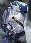  abs anthro aomori armor canid canine canis clothed clothing cloud looking_at_viewer male mammal muscular muscular_male nipples smile solo standing watermark wolf 