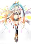  1girl ;) absurdres black_gloves black_shorts blue_eyes blue_hair boots breasts cape cleavage crop_top cutout feathers fingerless_gloves floating_hair full_body gloves gradient_hair grey_footwear hair_between_eyes hair_feathers hatsune_miku head_tilt headphones highres long_hair looking_at_viewer midriff multicolored_hair navel one_eye_closed orange_feathers orange_hair orange_legwear racing_miku racing_miku_(2016) shiny shiny_clothes short_shorts shorts small_breasts smile solo standing stomach strapless thigh_boots thighhighs torn_cape torn_clothes two-tone_hair very_long_hair vocaloid white_cape yellow_feathers yen-mi 