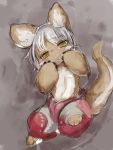  absurd_res ambiguous_gender anthro blush bottomwear clothed clothing hair hi_res kemono looking_at_viewer made_in_abyss menyang nanachi narehate painting pants red_bottomwear red_clothing red_pants smile solo topless white_hair yellow_eyes 