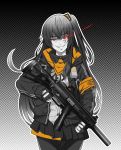  1girl absurdres black_legwear black_skirt cutout eyebrows_visible_through_hair fingerless_gloves girls_frontline gloves grey_hair grin gun highres jacket long_hair looking_at_viewer open_clothes open_jacket pantyhose red_eyes scar scar_across_eye shirt sidelocks skirt smile solo submachine_gun suppressor teeth ump45_(girls_frontline) user_uuzy7548 weapon white_shirt 