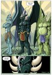  2019 5_fingers 5_toes abs angry anthro belly biceps blind_eye bottomwear claws clothed clothing comic dialogue dragon emanata english_text eye_scar facial_scar feet fingers forest geminisaint grass green_body green_scales green_skin group hi_res horn k'horr loincloth loincloth_only male membrane_(anatomy) membranous_wings musclegut muscular muscular_male mythological_creature mythological_scalie mythology navel nipples overweight overweight_male pecs plant ra'ghalek scales scalie scar smile tail text toes topless tree vrekkias wings 