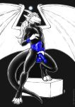  2018 black_background claws clothing corset costume dragon handcuffs kinktober knot lingerie looking_at_viewer male penis rubber shackles simple_background solo standing tanutanuki tongue tongue_out wings 