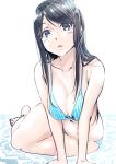  1girl arm_support bangs barefoot bikini black_eyes black_hair blue_bikini blush breasts cleavage collarbone eyebrows_visible_through_hair highres long_hair looking_at_viewer medium_breasts navel original parted_lips pink_x shiny shiny_hair sideboob simple_background sitting sketch solo striped swept_bangs swimsuit vertical-striped_bikini vertical_stripes white_background 