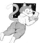  backsack balls book bottomless butt clothed clothing domestic_cat fangs felid feline felis greyscale holding_object looking_at_viewer lucas_(elchilenito) lying male mammal monochrome open_mouth raised_tail rear_view smile solo star sweatshirt toony zackary911 