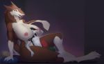  2019 anthro between_breasts between_legs big_breasts breasts claws digital_media_(artwork) duo female fur hair head_in_cleavage larger_female nipples nude pillow reclining sal-sal sergal simple_background sitting size_difference smile thick_thighs tongue tongue_out white_fur wide_hips 