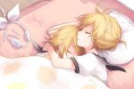  1boy 1girl bangs bed black_sailor_collar blonde_hair brother_and_sister commentary_request eyebrows_visible_through_hair eyes_closed hair_ornament hairclip headphones headphones_removed headset hug kagamine_len kagamine_rin kuroi_(liar-player) lying on_side parted_lips pillow profile puffy_short_sleeves puffy_sleeves ribbon sailor_collar school_uniform serafuku shirt short_sleeves siblings sleeping sleeveless sleeveless_shirt twitter_username under_covers vocaloid white_ribbon white_shirt wooden_floor 