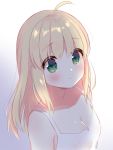  1girl ahoge aizawa85 artoria_pendragon_(all) bangs blonde_hair blush breasts camisole cleavage eyebrows_visible_through_hair fate/stay_night fate_(series) gradient gradient_background green_eyes grey_background hair_between_eyes highres long_hair looking_away parted_lips saber small_breasts solo upper_body white_background white_camisole 