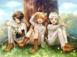  1girl 2boys absurdres ahoge black_eyes black_hair blue_eyes book boots bug butterfly emma_(yakusoku_no_neverland) eyebrows_visible_through_hair flower flower_wreath grass green_eyes hair_over_one_eye highres huge_filesize insect looking_at_viewer multiple_boys neck_tattoo norman_(yakusoku_no_neverland) open_mouth orange_hair outdoors ray_(yakusoku_no_neverland) short_hair silver_hair sitting smile tattoo thick_eyebrows tree uniform white_hair xino yakusoku_no_neverland 