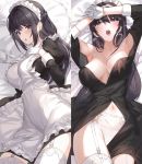  1girl apron armpits bare_shoulders bed bed_sheet black_hair blush breasts cleavage commentary_request eyebrows_visible_through_hair garter_belt garter_straps gloves hair_between_eyes highres kfr large_breasts long_hair long_sleeves maid maid_apron maid_dress maid_headdress navel open_mouth original panties pillow purple_eyes saliva thighhighs thighs underwear white_gloves white_panties 