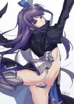  1girl armor armored_boots artist_name blue_eyes boots crotch_plate eyebrows_visible_through_hair fate/extra fate/extra_ccc fate/grand_order fate_(series) hair_ribbon juliet_sleeves long_hair long_sleeves looking_at_viewer meltlilith puffy_sleeves purple_hair revealing_clothes ribbon solo you06 