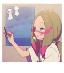  1girl agata_(agatha) brown_hair commentary_request creatures_(company) eating from_side game_freak holding looking_away matsurika_(pokemon) mouth_hold nintendo pokemon pokemon_(game) pokemon_sm rain shirt solo teruterubouzu white_shirt window 