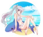  1girl barefoot bikini blue_eyes breasts earrings iesupa jewelry long_hair midriff navel necklace ocean pendant ponytail rwby scar scar_across_eye shark side_ponytail solo stuffed_animal stuffed_shark stuffed_toy swimsuit tiara toy water weiss_schnee white_bikini white_hair 